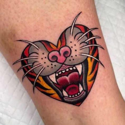 22 Old School Tiger Tattoo Ideas: Nostalgic Roars of Classic Artistry Traditional Heart Tattoos, Tattoo Thoughts, Traditional Tattoo Inspiration, Visuell Identitet, Leopard Tattoos, Favorite Tattoos, Neotraditional Tattoo, Tattoo Board, Western Tattoos