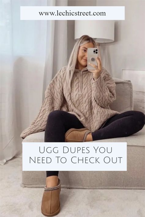 Ugg Dupes You Need To Check Out. Looking for ugg boots to finish off your winter outfit or fall outfit. Find the popular ugg boots dupes to finish off your winter outfits and give you the same boots aesthetic as the popular ugg boots. Check out these dupes that have the same boots aesthetic as the winter boots uggs. These boots are perfect footwear design for winter outfits or fall outfit ideas. #uggboots #dupes #bootsaesthetic #footweardesign Women Ugg Boots Outfit, Ugg Slipper Outfit Ideas, Ugg Mules Outfit, Ugg Mini Boots Outfit Winter, Ugg Ankle Boots Outfit, Ugg Classic Slipper Outfit, Ugg Booties Outfit, Ugh Boots Outfit Winter, Ugh Slippers Outfits