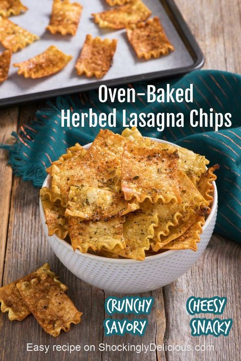 Oven-Baked Herbed Lasagna Chips will be your new favorite snack innovation. If you boil pasta and then bake it, you can turn it into crunchy, herby, cheesy chips with this easy recipe! #shockinglydelicious #snackrecipe #pastachips