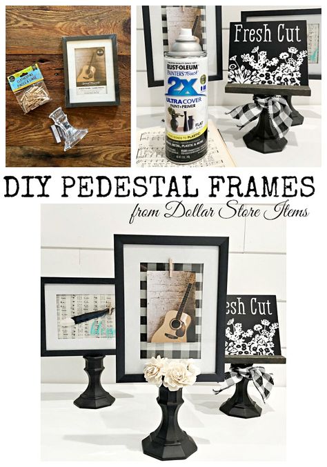 DIY Pedestal frames from Dollar Store items #dollartree #homedecor Diy Pedestal, Do It Yourself Decoration, Dollar Store Hacks, Dekor Diy, Diy Dollar Tree Decor, Dollar Tree Decor, Dollar Tree Diy Crafts, Diy Dollar Store Crafts, Diy Farmhouse Decor