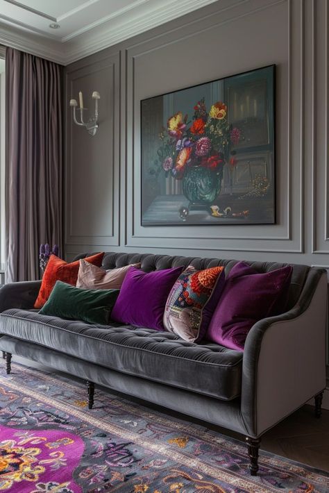 29 Dark Grey Couch Living Room Ideas For Sophisticated Style - Courtneys World Dark Gray Velvet Sofa Living Room, Dark Purple Couch, Blue And Purple Living Room, Grey And Purple Living Room, Purple And Grey Living Room, Dark Purple Living Room, Berry Living Room, Plum Living Room, Couch Colors