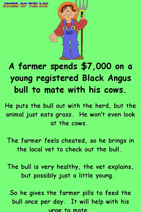 A farmer spends $7,000 on a young registered Black Angus bull to mate with his cows. He puts the bull out with the herd, but the animal just eats grass. He won’t even look […] More ‣ by Jokes Of The Day Clean Funny, Wise Sayings, Funny Puns Jokes, Jokes Videos, Puns Jokes, Clean Jokes, Funny Science Jokes, Long Jokes, Science Jokes