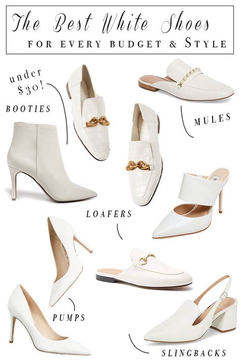 White shoes are a huge trend for Spring and Summer this year. These are all the best white shoes of every style from mules to booties Best White Shoes, White Mules, White Booties, Hidden Treasure, Wood Heel, White Pumps, Budget Fashion, Loafer Mules, Style Crush