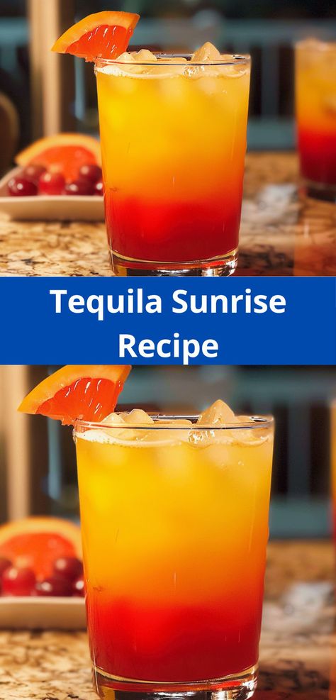 Quick tequila sunrise cocktail for a fun and fruity drink. Cocktail With Tequila, Tequila Orange Juice, Tequila Sunrise Recipe, Tequila Sunrise Cocktail, Sunrise Cocktail, Sunrise Wedding, Tequila Drinks, Fruity Drinks, Summer Gathering