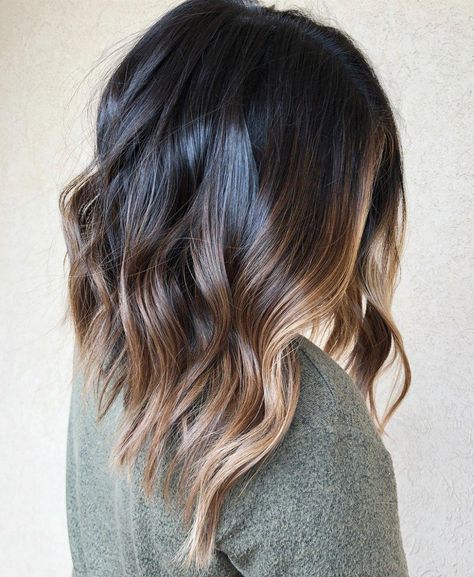 Long Black and Bronde Balayage Lob #ombrehaircolors Choppy Lob, Angled Haircut, Balayage Lob, Brown And Blonde, Bronde Balayage, Brown Hair Balayage, Short Hair Balayage, Balayage Brunette, Penteado Cabelo Curto