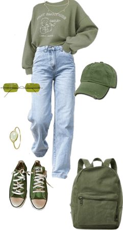 Yellow Green Outfit Aesthetic, Green Outfit For School, Modern Outfits For School, Tomboy Green Outfits, Matcha Inspired Outfits, Cute Green Outfits Casual, Green Indie Outfit, Green Outfit Board, Green Tomboy Outfits