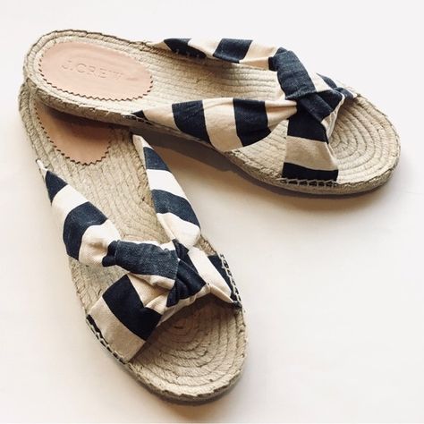 New With Tags On Bottom - Unworn J. Crew Canvas Knotted Navy & White Stripe Jute Slide Espadrilles. Size: 10 Woven Straps In Bold Stripes Are Knotted At The Top Of A Go-To Espadrille Sandal Perfect For Laid Back Summer Days. Details: - Size: Women’s 10 - Style: J2580 - Twisted Knot Design - Navy & White Stripes - Canvas Upper - Jute Footbeds - Leather J. Crew Heel Lining - Jute & Rubber Soles - Flatform Design Box Not Included Imported Bin-J Striped Espadrilles, Espadrilles Slides, Design Box, Flatform Sandals, Knot Design, Bold Stripes, Espadrille Sandals, Navy White, Summer Days