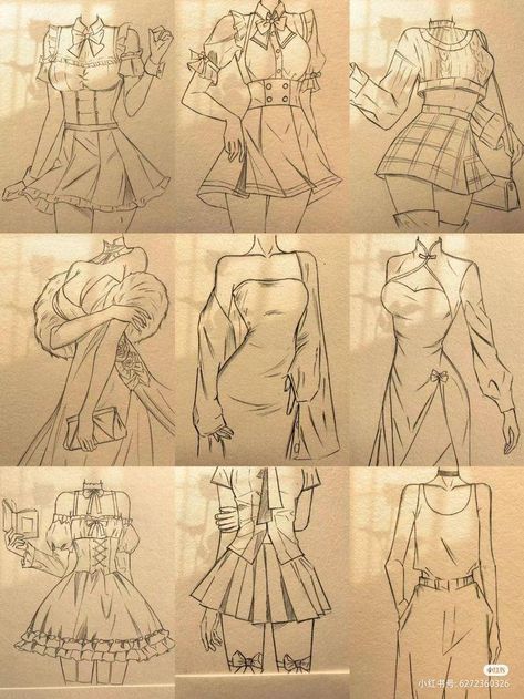 Clothes Drawing Women, Drawing Dresses Ideas Fashion Sketches, How To Draw Outfits Sketch, Fashion Dress Drawing Sketches Art, Clothes Drawing Ideas Fashion Sketches, Clothes Reference Sketch, Outfit Sketches Fashion, Designing Clothes Sketches, Manga Outfits Drawing