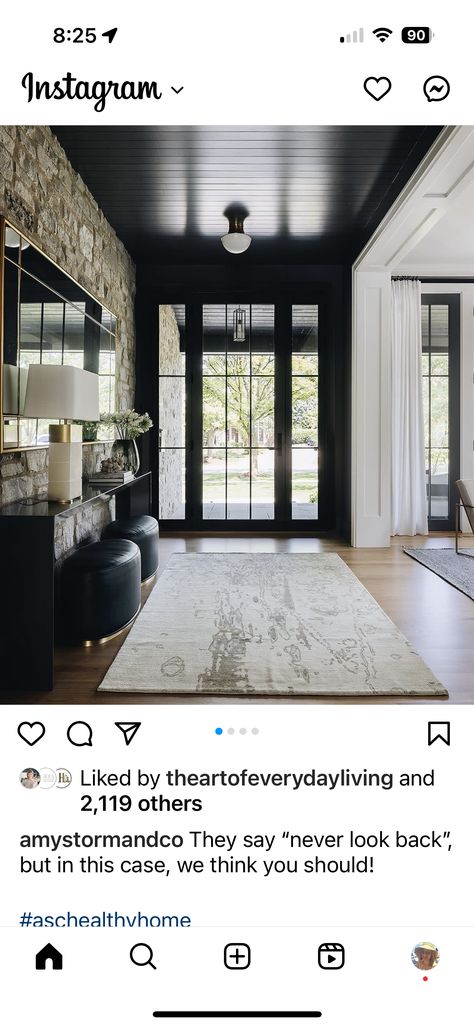 2/2 black trim and ceiling in entry Black Ceiling And Trim, Black Beadboard Ceiling, Black Accent Ceiling, Black Hallway Ceiling, Living Room With Black Trim, Black Walls And Ceiling, Farmhouse Molding And Trim, Black Ceiling Bathroom, Black Baseboards And Trim