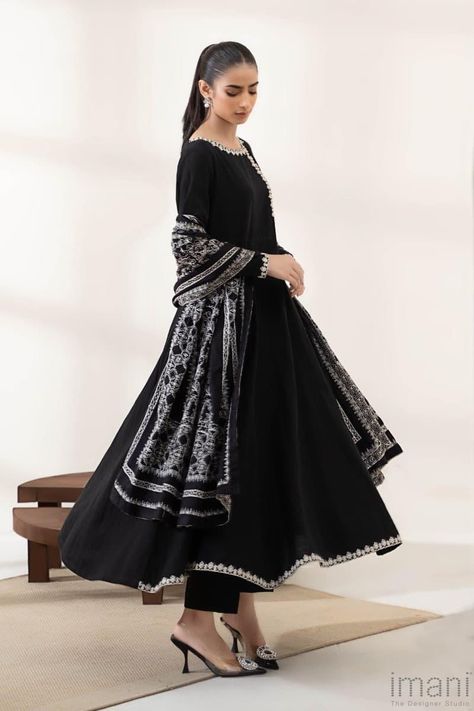 3-Pieces (A-Line Frock with Trousers & Dupatta) Dyed in solid Black Light Khaddar A Line frock, Embroidered Neckline & Sleeves and Hemline border and Fully embroidered Light Khaddar  Shawl. Black Long Frock, Long Frock Suit, Pakistani Dresses Formal, A Line Frock, Frock Suit, Black Frock, Pakistani Clothes Online, Long Frock Designs, Pakistani Dresses Online