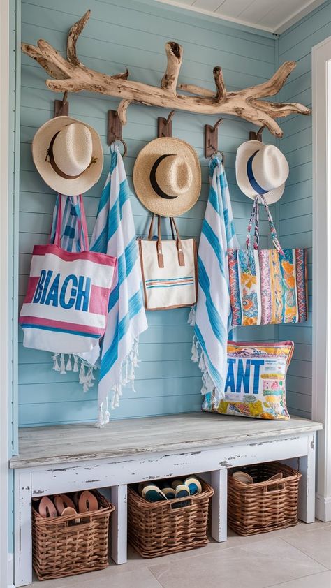 20 Coastal Home Decor Entryway Ideas to Create a Seaside Haven — Coastal Cottage by Celeste Eclectic Beach Cottage, Beach Apartment Decor Coastal Style, Small Beach House Interior, Coastal Entryway Ideas, Beach House Entryway, Beach Bedrooms, Coastal Decorating Ideas, Seaside Aesthetic, Coastal Color Scheme