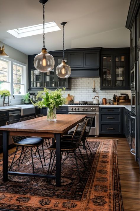 Discover the allure of moody farmhouse kitchen ideas that blend the warmth of traditional rustic design with a hint of contemporary drama. Embrace deep, rich color palettes, weathered wood accents, and vintage-inspired fixtures to infuse your kitchen with an inviting ambiance. Let the interplay of dark hues and natural textures transport you to a space that exudes timeless charm and modern elegance. Oasis Decor, Moody Farmhouse, Moody Kitchen, Dark Dining Room, Interior Design Per La Casa, Farmhouse Kitchen Ideas, Dark Kitchen, Desert Oasis, Boho Kitchen