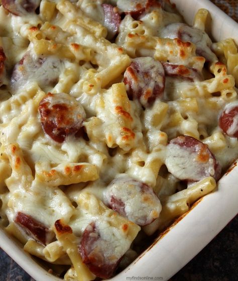 Smoked Sausage Alfredo Pasta Bake / myfindsonline.com Sausage Alfredo Pasta Bake, Kolbasa Sausage Recipe, Smoked Sausage Alfredo Pasta, Smoked Sausage Alfredo, Smoked Pasta, Sausage Alfredo Pasta, Alfredo Pasta Bake, Sausage Alfredo, Sausage Pasta Bake