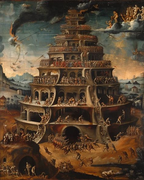 The painting is about the Tower of Babel. The story is from the Bible, and it tells how the people of the world tried to build a tower to reach heaven ->> more details in ai-img-gen.com Babel Tower, Tower Of Babylon, The Tower Of Babel, Failed Attempt, Gardens Of Babylon, Tower Of Babel, Biblical Art, Book Aesthetics, English Literature