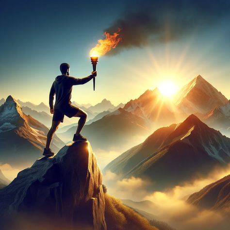 An image depicting an athlete standing on a mountain peak, holding a torch high, symbolizing triumph and perseverance. The background shows a sunrise, representing new beginnings and hope. The athlete is dressed in sportswear, conveying the connection to sports, while the mountain and sunrise embody the themes of overcoming challenges and new opportunities. This image resonates with Bible readers, illustrating the journey of faith and the victory of discipline and hard work. Victory Pictures, Perseverance Art, Warrior Background, Verses For Athletes, Bible Verses For Athletes, Hard Work Images, Faith Backgrounds, Standing On A Mountain, Torch Bearer