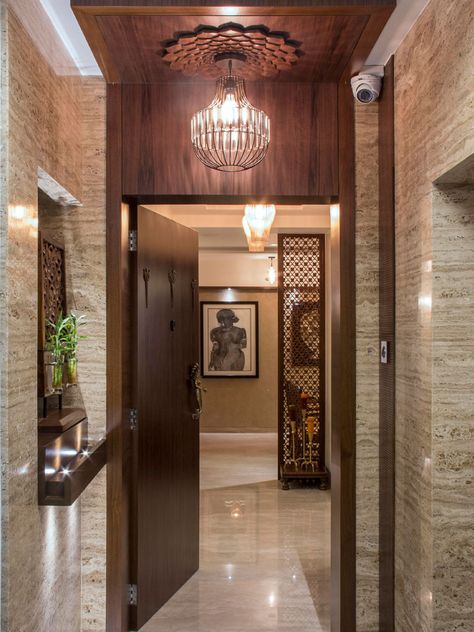 Mumbai based Architect Dipa Desai's home is a life size photo album of her travels and memories. Entrance Lobby Design, Entrance Door Decor, Entrance Foyer Design, Apartment Entrance, House Main Door, House Main Door Design, Main Entrance Door Design, Lobby Interior Design, Entrance Door Design