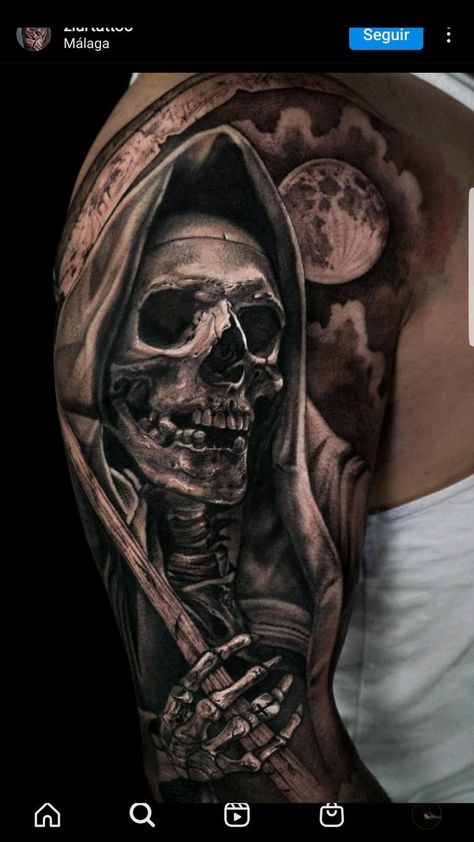 Pin on Idea Pins by you Realistic Reaper Tattoo, Evil Tattoos For Men, San La Muerte Tattoo, Tattoos Grim Reaper, La Santa Muerte Tattoo, Good And Evil Tattoos, La Muerte Tattoo, Tattoo Avant Bras, Cover Up Tattoos For Men