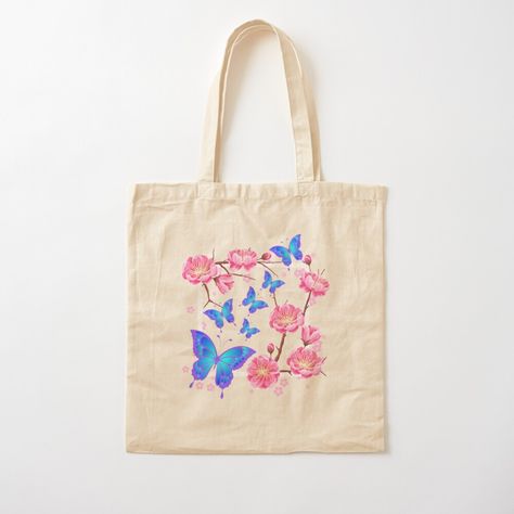 Get my art printed on awesome products. Support me at Redbubble #RBandME: https://www.redbubble.com/i/tote-bag/Floral-Cherry-Blossom-Flower-and-Butterflies-Design-by-HelenaMorpho/56130754.P1QBH?asc=u Ocean Tote Bag, Diy Tote Bag Design, Painted Canvas Bags, Painted Butterflies, Handpainted Tote Bags, Butterflies Design, Summer Tote Bags, Painted Tote, 2024 Design