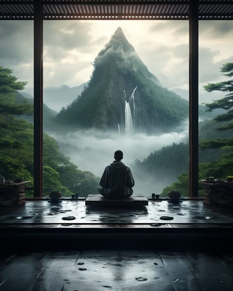 A Meditation Space with a Calming View Zen Mountain Home, Chinese Nature Art, Calm Meditation Aesthetic, Peace Wallpaper Aesthetic, Japon Aesthetic, Japanese Meditation, Calming View, Zen Wallpaper, Meditation Aesthetic