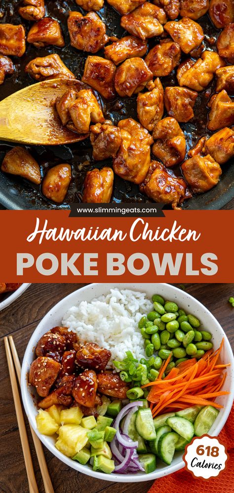 Indulge in the ultimate tropical feast with our Hawaiian Chicken Poke Bowl recipe! Enjoy tender sticky glazed chicken, fluffy rice, and a vibrant array of fresh vegetables with a drizzle of spicy mayo Meals For After Workout, Hawaiian Chicken Bowl Recipe, Easy College Meals Dinners, Recipes For Soft Foods, Chicken Clean Eating Recipes, Meal Prep Protein Lunch, Healthy Supper Ideas Clean Eating, Asian Bowl Recipes, Healthy Dinner Low Calorie