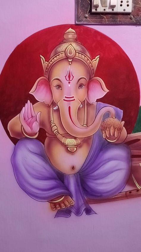 Ganesh Wall Painting, Marriage Art Painting, Ganesh Photos, Marriage Painting, Wedding Art Painting, Ready Rangoli, Marriage Wall Art, Marriage Art, Ganesha God