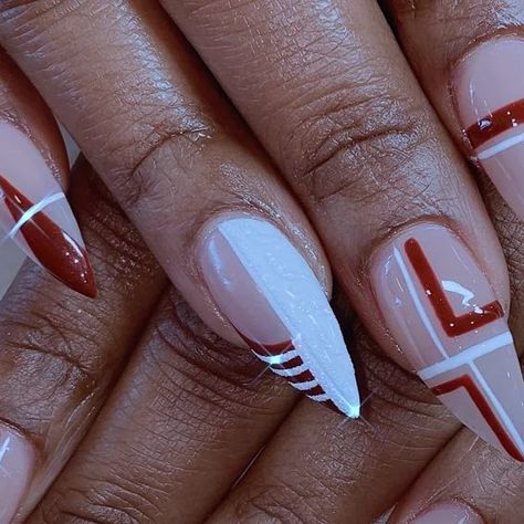 Thien Quach on Instagram: "🤍❤️ - • Apres Gelx - By Katie - × Using @apresnailofficial Shape: Stiletto Medium - × [Disclaimer: We do not claim that all of our designs are 100% ours. Please tag original artist in comment if applied 🖤] . [ www.nailnestatl.com ] . . . #rednails #whitenails #stilettonails #geometricnails #naildesign #nailitmag #nailjunkie #nailaddict #nails #nails💅 #atlnailart #nailsofinstagram #instanails #apresatl #apresgelx #apresnails #acrylicnails #abstractart #nails4today #n Classy Abstract Nails, Delta Sigma Theta Nails, Red Abstract Nails, Applying Acrylic Nails, Stilleto Nails Designs, Abstract Nails, Nail Board, Nails Now, Long Square Acrylic Nails