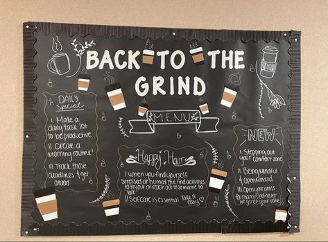 Bulletin Board Themes For Work, Menu Bulletin Board Ideas, Cafeteria Theme Ideas, Coffee Theme Bulletin Board Ideas, Coffee Ra Bulletin Board, Lounge Bulletin Board Ideas, Back To The Daily Grind Bulletin Board, College Bulletin Board Ideas Resident Assistant, Restaurant Bulletin Board Ideas