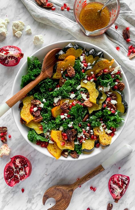 Acorn Squash & Pomegranate Kale Salad Acorn Squash Salad, Pomegranate Kale Salad, Winter Kale Salad, Salted Pecans, Acorn Squash Roasted, Citrus Salad Dressing, Kale Chicken Salad, Pomegranate Vinaigrette, Cherries Salad