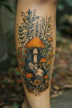 tattoo Mushroom Witch Tattoo, Mushroom Forest Tattoo Sleeve, Sternum Mushroom Tattoo, Mushroom Leg Sleeve Tattoo, Fantasy Nature Tattoo, Woodland Scene Tattoo, Garden Witch Tattoo, Black And White Mushroom Tattoo, Mystical Forest Tattoo