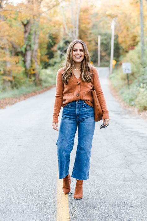 trend I'm loving: cardigan as a top. - dress cori lynn Fall Outfits 2023 Trends Over 40, Cardigan As A Top Outfit, Cardigan As Top Outfit, Brewery Outfit Fall Night, High Rise Cropped Jeans Outfit, Friday Fall Outfit, Cardigan Tucked In Jeans, Fall 2023 Midsize, Womens 2024 Fashion Trends