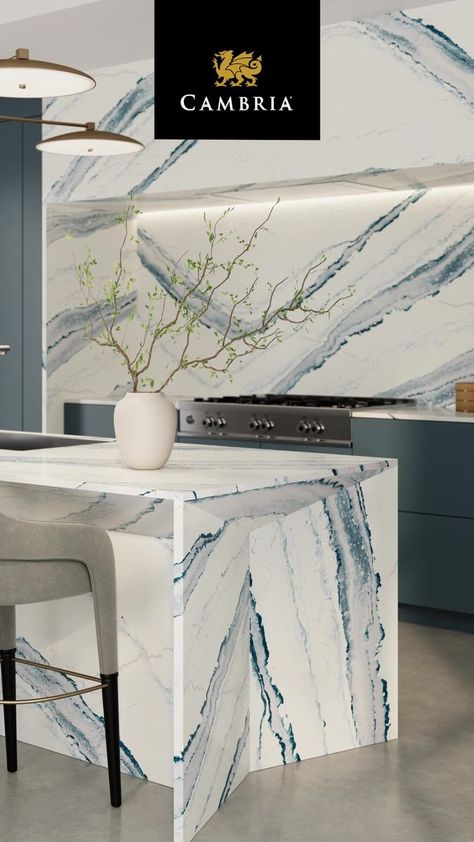 Blue Vein Quartz Countertop, Cambria Inverness Platinum, White Quartzite Kitchen Countertops, Blue Kitchen Wallpaper, Blue Quartz Countertops, Blue Kitchen Paint, Blue Kitchen Inspiration, Blue Gray Kitchen Cabinets, Kitchen Color Scheme