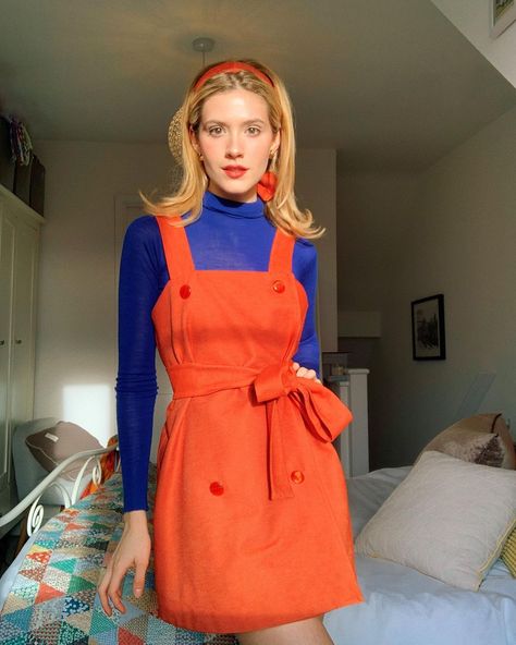 🍒Maddie Close🍒 on Instagram: “Oops I made a new dress✨🕺🧡 Finished sewing this orange beauty of a dress🍊 I made it using a pattern I created & some snazzy orange denim…” Orange 60s Outfit, Orange Vintage Outfit, Orange 90s Outfit, Blue And Orange Outfit Aesthetic, Orange Themed Outfit, Blue And Orange Outfit Ideas, Orange Outfits Aesthetic, Orange Aesthetic Outfits, Orange Outfit Aesthetic