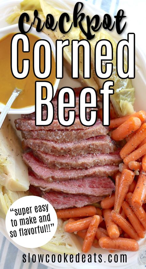 A delicious yet super simple slow cooker corned beef and cabbage recipe with carrots and honey mustard sauce. This is a wonderful 6 ingredient easy crockpot meal idea for any day of the week! Customize it and give it an Irish twist by adding in potatoes, onions, and using Guinness beer. This easy corned beef crockpot dinner recipe isn't just for St. Patrick's Day - you'll love it year 'round! Enjoy! Slow Cooker Beef Stroganoff Recipe, Recipe With Carrots, Corned Beef And Cabbage Recipe, Beef And Cabbage Recipe, Crock Pot Corned Beef, Crock Pot Corn, Crock Pot Inspired Beef Recipes, Slow Cooker Corned Beef, Cooking Corned Beef