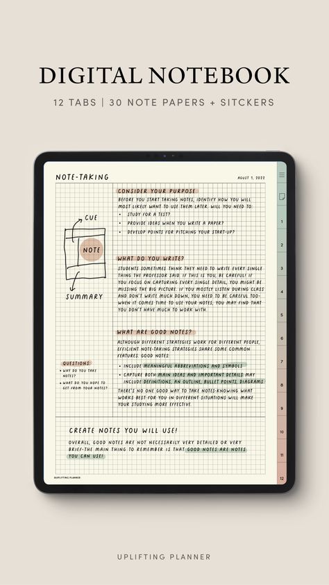 Cornell lecture note 12 Tab Digital Notebook by Uplifting Planner with 30 Note paper templates Templates For Onenote, Goodnotes Revision Notes, Digital Cornell Notes, Cornell Notes Template Goodnotes, Research Notes Template, Pdf Note Template, Digital Note Ideas, Goodnotes Notebook Paper Template, Goodnotes Notebook Template Free