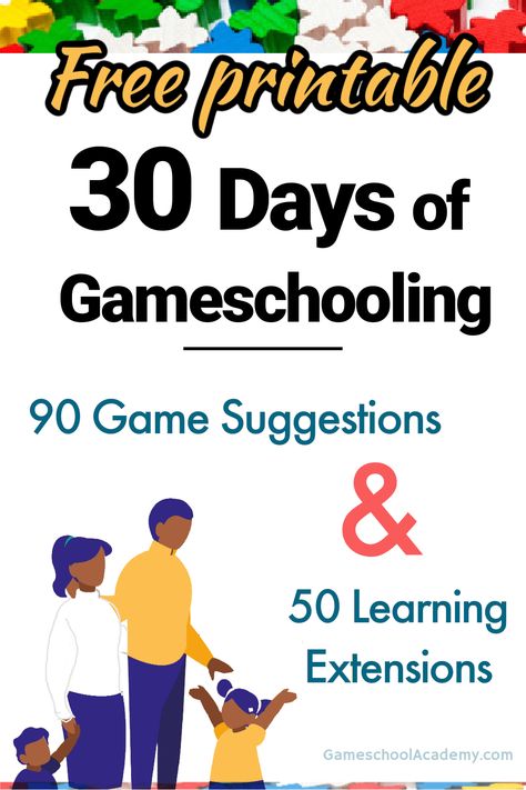 30 Days, 90 Games, 50 Learning Ideas: get your free 30 Days of Gameschooling calendar now.    In this resource you’ll learn how to:  •Choose Gameschooling themes  •How to choose related games  •Ideas for further learning    #gameschooling #gameschool #playislearning #unschooling #unschool #homeschool #homeschooling #games #boardgames Game Suggestions, Geography Games, Homeschool Fun, Fun Educational Games, Education Games, Alternative Education, Homeschool Tips, Games Ideas, Homeschool Encouragement