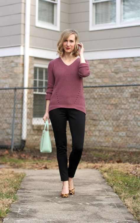 mauve sweater, ponte pants, Clinique chubby stick Broadest Berry, leopard haircalf pumps Mauve Sweater Outfit, Mauve Outfit, Mauve Sweater, Darkest Black Color, Clinique Chubby Stick, Professional Clothing, Ponte Pants, Clothing Inspiration, Work Week