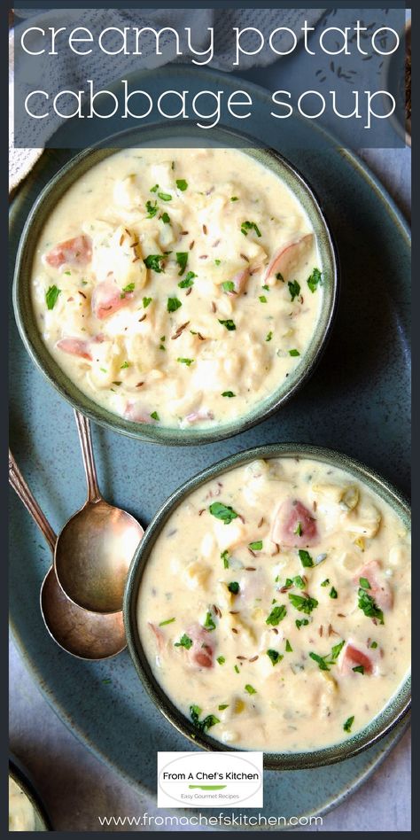 Creamy Cabbage Potato Soup Ham Steak Soup Recipes, Cabbage Soup Creamy, Cabbage Carrots Potatoes, Potato Pickle Soup, Cabbage Potato Soup Recipe, Creamy Cabbage And Kielbasa Soup, Potato Bisque Soup, Irish Potato Cabbage Soup, P0tato Soup