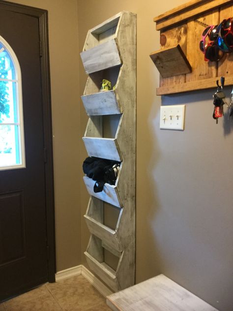 Hat and mitten storage unit Hat And Glove Storage Ideas Entryway, Hat And Mitten Storage, Glove Gift Ideas, Glove Storage Ideas, Mitten Storage, Diy Storage Unit, Downstairs Ideas, Storage Ideas Garage, Glove Storage