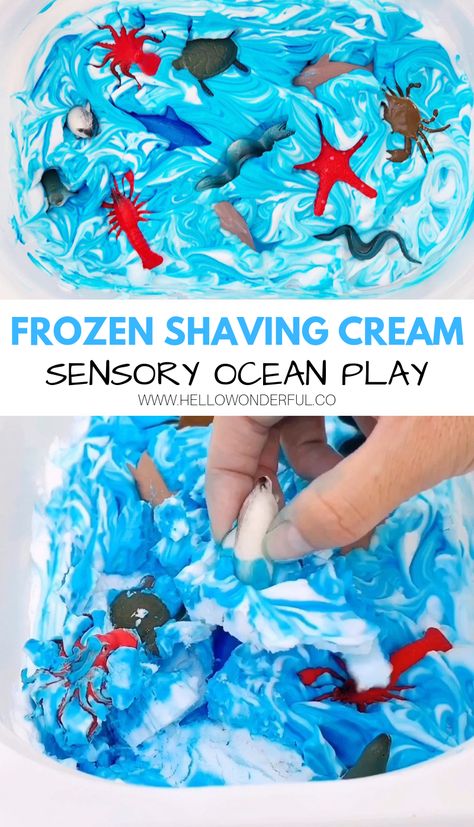 Beach Themed Toddler Activities, Eyfs Ocean Activities, Sea Foam Sensory Bin, Ocean Experiments For Preschool, Under Water Activities Preschool, Under The Sea Sensory Activities, Sensory Bin Ocean Theme, Beach Theme Sensory Bin, Seashell Sensory Bin