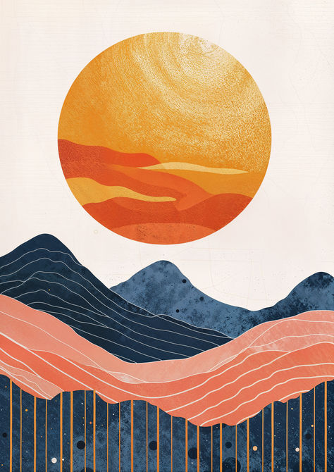 Feel the warmth of a solitary sun as it stands above abstract mountain forms. This artwork speaks to the soul's search for peace in a golden solitude. Peaceful Aesthetic Art, Abstract Sun Painting, Sun Abstract Art, Mountains Mural, Poetry Book Design, Sun Abstract, Sunset Abstract, Sun Poster, Modern Minimalist Art