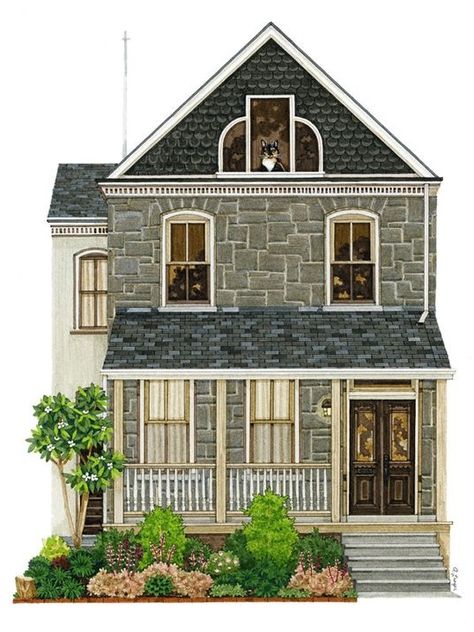 Adrienne Langer Antique Homes, Watercolor House Painting, Sims Houses, Christmas Houses, Gouache Paint, Building Drawing, Building Illustration, Dollhouse Printables, Architecture Drawing Art