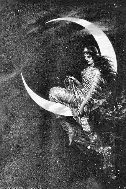 Woman sitting on the Moon art Sitting On The Moon, Blowing In The Wind, Desen Anime, Paper Moon, Vintage Printable, Moon Magic, Moon Goddess, On The Moon, Moon Art