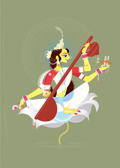 Lakshmi and saraswati on Behance Saraswati Painting, Goddess Saraswati, Durga Painting, Illustration Board, Art Studio Design, Hinduism Art, Vedic Art, Muse Art, Illustration Adobe Illustrator