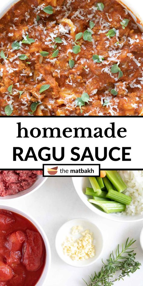 This slow-simmered homemade ragu sauce is made with ground beef, chopped onions, minced garlic, canned San Marzano tomatoes, celery, carrots, and fresh herbs. This delicious pasta sauce is freezer-friendly and packed full of veggies. Ground Beef Ragu, Homemade Ragu, Ragu Spaghetti Sauce, Italian Ragu, Homemade Ground Beef, Slow Cooker Meat, Ragu Sauce, Marzano Tomatoes, Italian Tomato Sauce