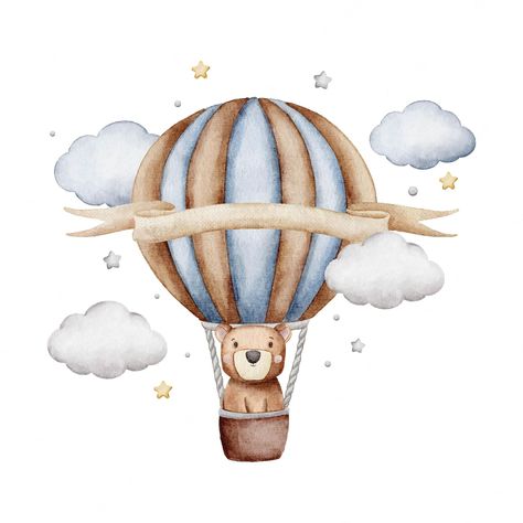 Premium Vector | Cute bear in air balloon watercolor illustration for baby Air Balloon Watercolor, Balloon Watercolor, Teddy Bear Cartoon, Drawing Baby, Baby Boy Art, Baby Print Art, Bear Watercolor, Birthday Cartoon, Baby Poster