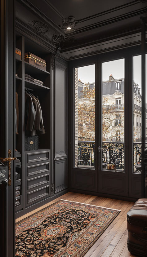 French style walk in closet black elegant masculine Black Parisian Interior, Man Walk In Closet, Masculine French Country, Moody Closet Room, Walk In Closet Ideas Black, Moody Walk In Closet, Elegant Walk In Closet, Black Walk In Closet, Dark Walk In Closet