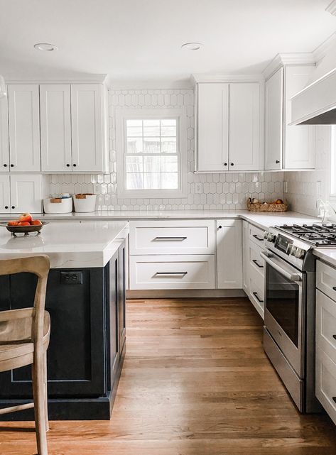 smart to put drawers in where cabinets would usually be - this is a great family-friendly kitchen design idea Lovely Lucky Life, Kitchen Hardware White Cabinets, White Tile Kitchen Backsplash, Backsplash For White Cabinets, White Kitchen Tiles, White Kitchen Backsplash, White Shaker Kitchen, White Tile Backsplash, Kitchen Backsplash Designs