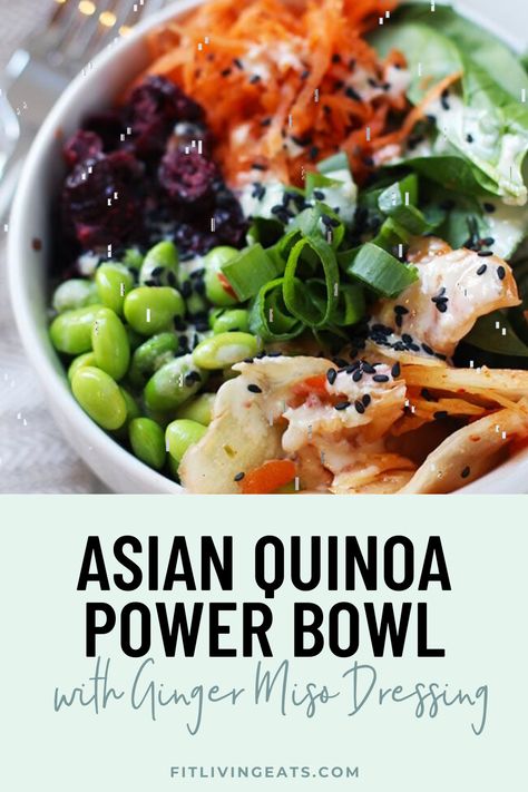 This Asian quinoa power bowl with ginger miso dressing is loaded with nutrients. It's a quick and easy recipe that can be thrown together in less than 20 minutes! https://www.fitlivingeats.com/asian-quinoa-power-bowl-with-ginger-miso-dressing-vegan/ Quinoa Power Bowl, Ginger Miso Dressing, Asian Quinoa, Vegan Honey, Power Bowl Recipe, Ginger Miso, Healthy Asian, Power Bowl, Recipes Asian