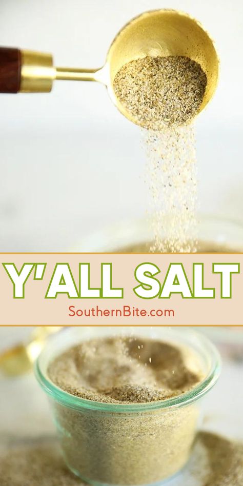 This Y’all Salt is the perfect all-purpose southern seasoning recipe! Easily mix up a batch to season chicken, pork, beef, fish, vegetables, eggs, and more! Diy Chicken Seasoning Spice Mixes, Salt And Pepper Seasoning Recipe, Janes Crazy Mixed Up Salt Recipe, Homemade Beef Bullion, Diy Finishing Salt, Spice Blends Diy, Lime Salt Recipe, Flavored Salt Recipes, Herb Mixes Recipes