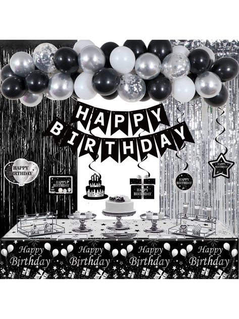 Black and White  Collar  Latex   Embellished   Event & Party Supplies Black And Silver Birthday Theme, White Birthday Party Decorations, Birthday Balloons Arch, Birthday Party Decorations For Men, Black And White Birthday Party, Ribbon Balloon, Garden Classroom, Silver Happy Birthday, Black And White Birthday